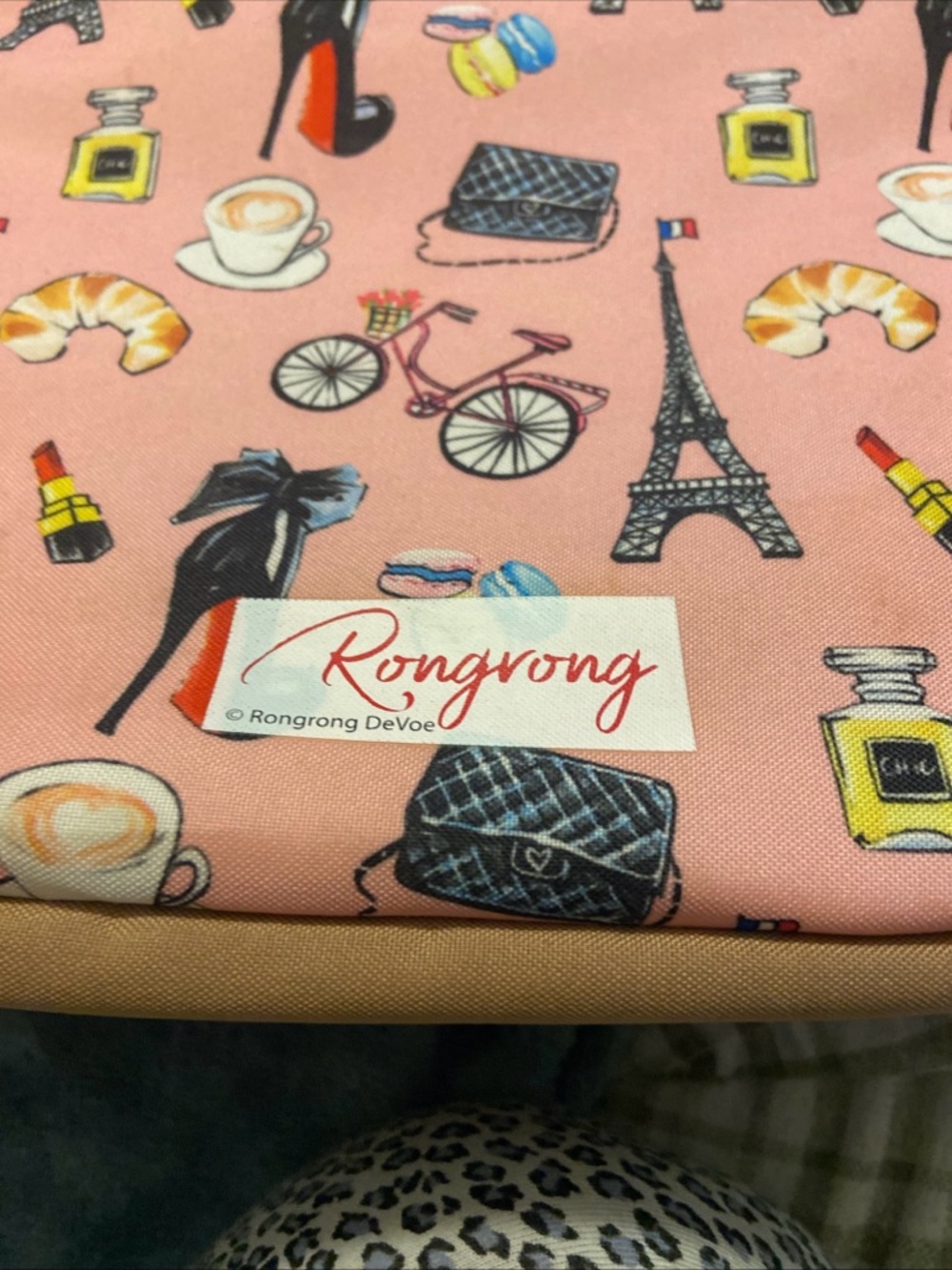 Pink Parisian-Print Tote with Tan Handles by Rongrong - Picture 3 of 4